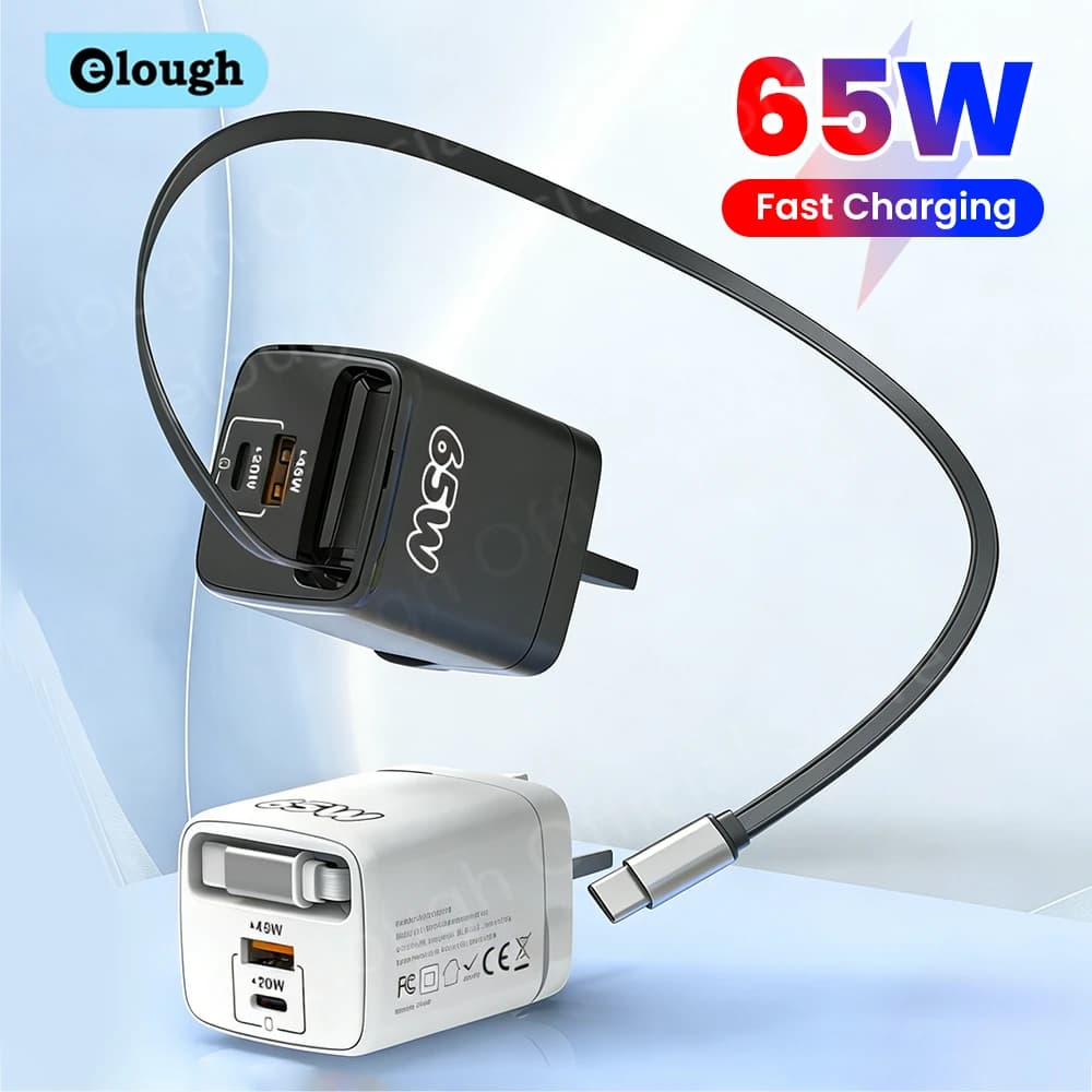 65W USB Type C Fast Charging Charger With Retractable USB C Cable For iPhone17 Xiaomi QC3.0 Phone Charger Travel chargeur rapide