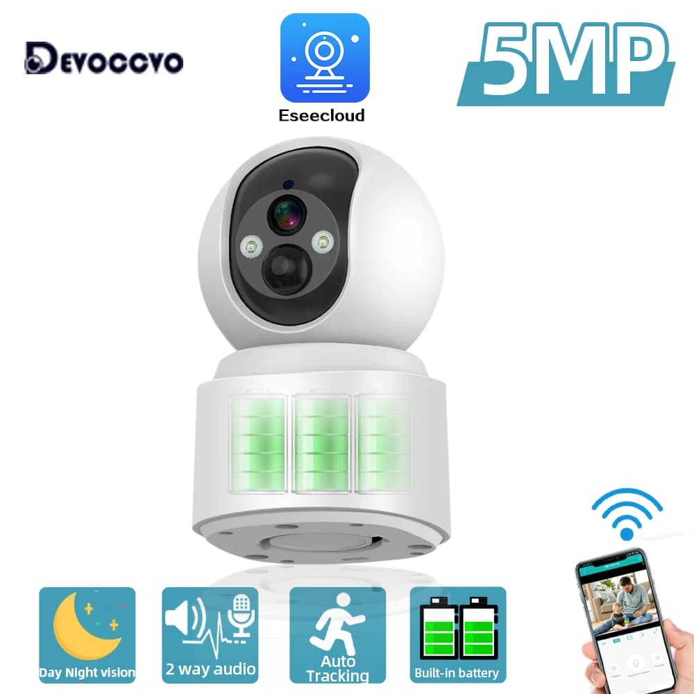 Telecamera PTZ WiFi da 5 MP Telecamera di sorveglianza IP wireless per interni domestici con batteria incorporata Rilevamento AI Monitoraggio automatico Baby monitor di sicurezza