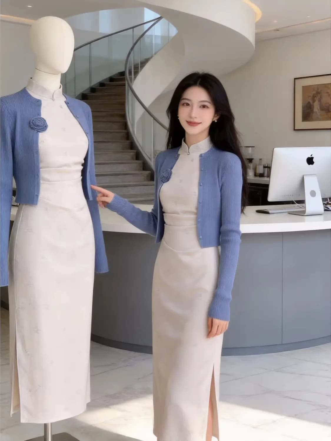Elegant White Settled in New Chinese Style Fragrant Lady Suit Spring New Arrival Retro Warm Long Sleeve Midi Dress for Women