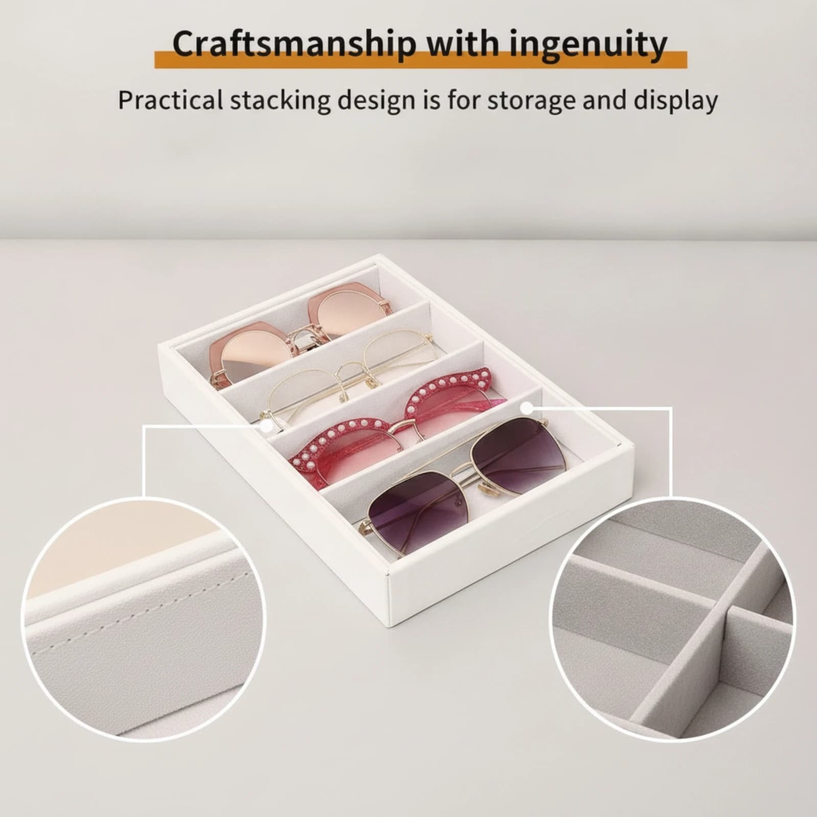 2 Pieces Eyeglasses Storage Box Stackable Glasses Organizer Tray Eyewear Display Case 4-Compartment Eyewear Tray Divided