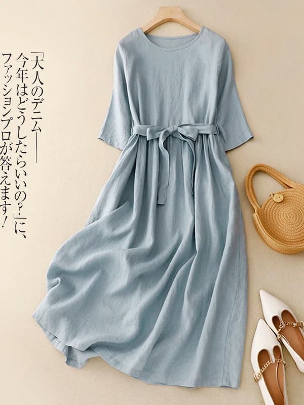 Large Size Dress Korean Brand Artistic round Neck mid Sleeve Belted Full Skirt Long Dress Comfortable Breathable Casual Summer