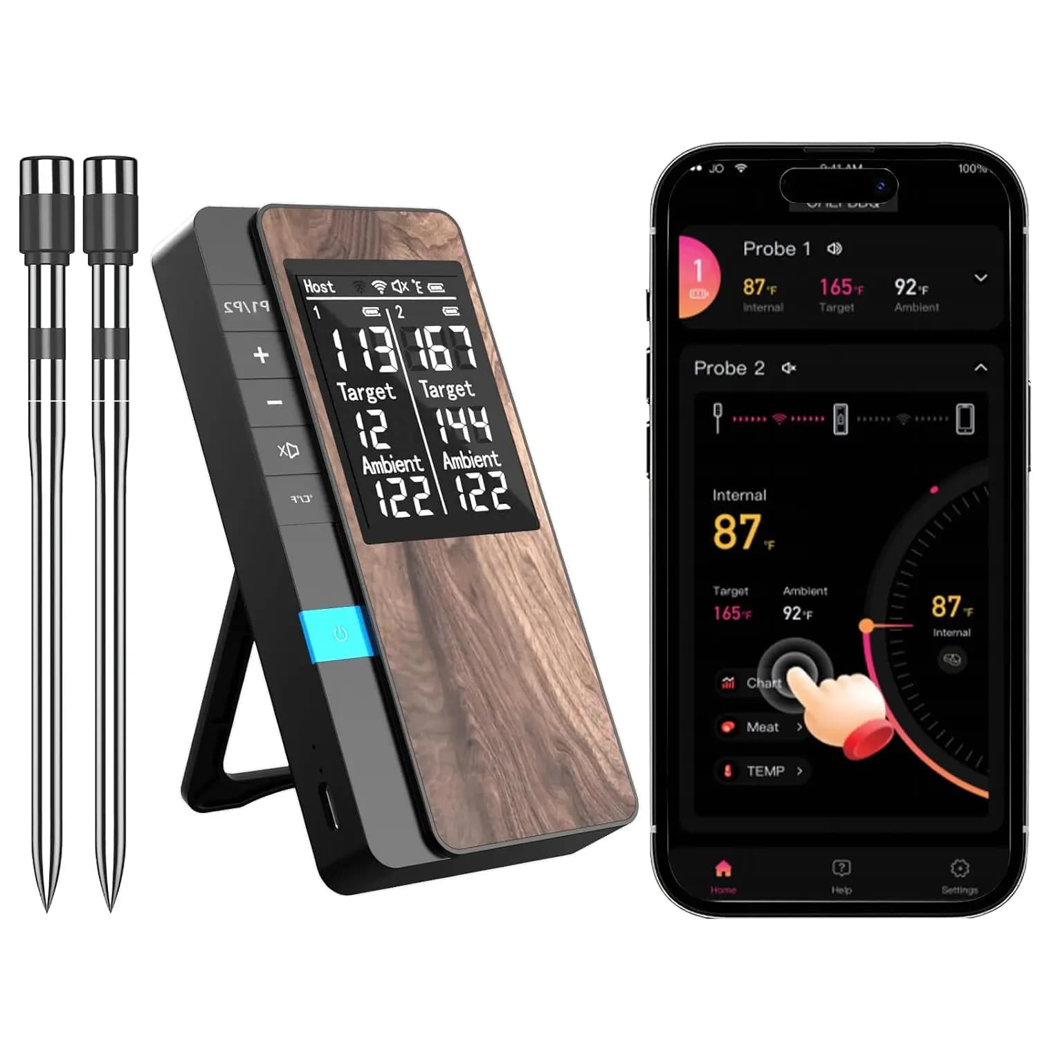 Wireless Meat Thermometer with Double Round, Powered Signal, LCD Display and App Control for Kitchen and Barbecue