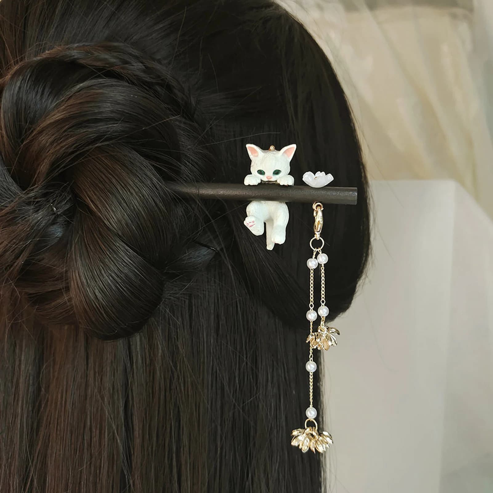 Chinese Style Fork for Women Creative Cat Flower Nappa Hair Stick Nice Cat Ornament Hair Accessories Wood Fork 1pz