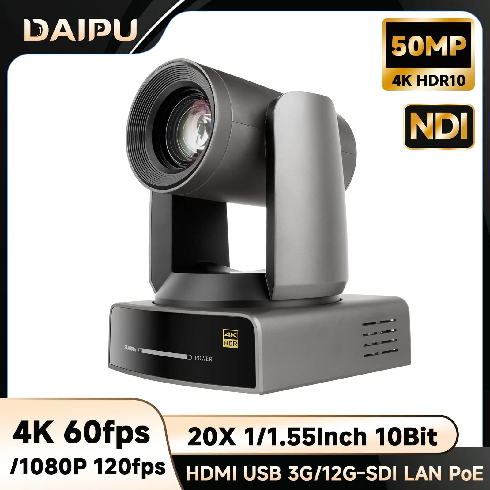 Telecamera PTZ NDI DAIPU 4KP60 con Zoom Ottico 20X, HDMI, USB, SDI, LAN, POE e Tracciamento AI per Streaming Live in Chiesa, Conferenze e YouTube Live