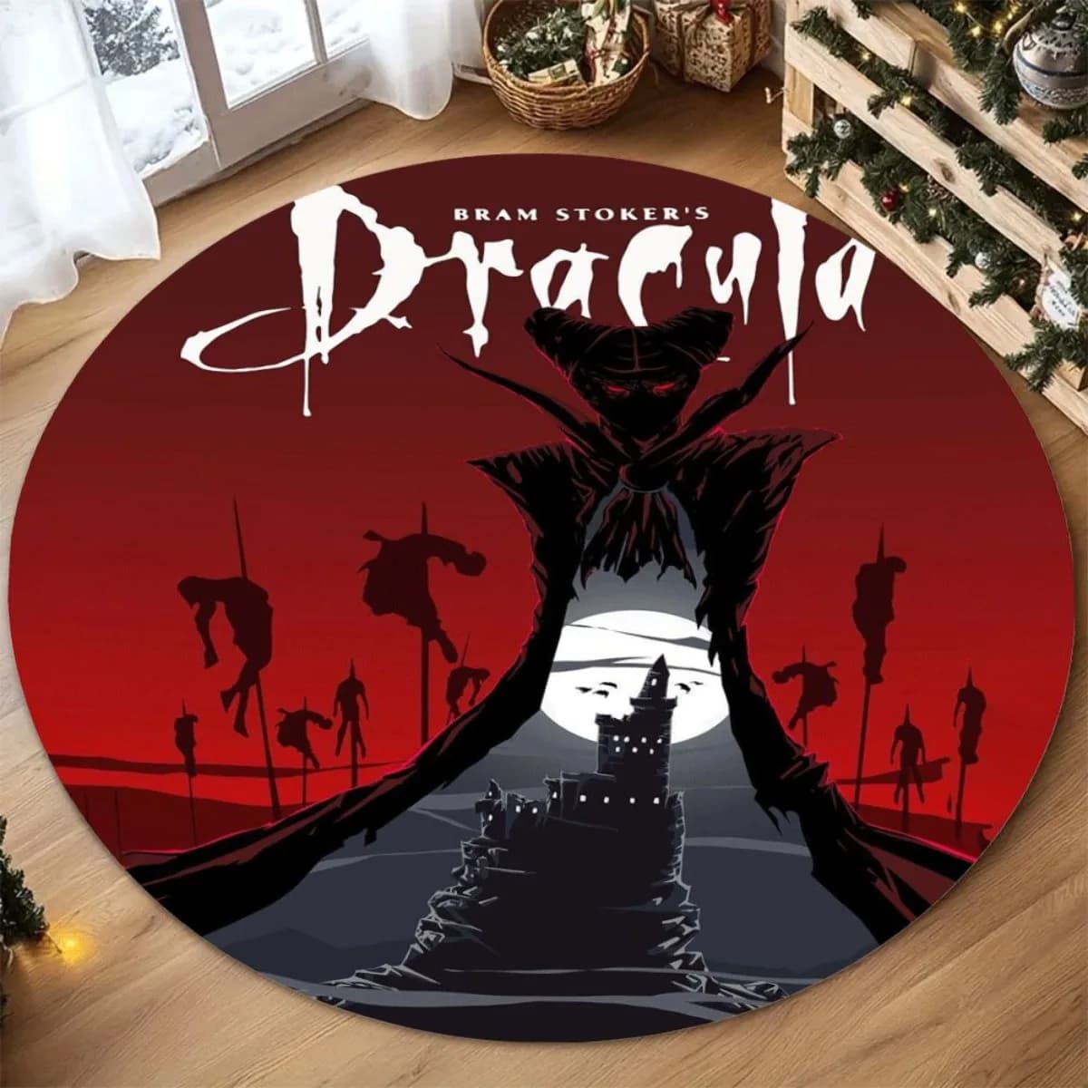 Tappeto Rotondo Castello di Dracula in Flanella, Tema Horror Ispirato al Romanzo di Bram Stoker, Decorazione per la Casa, Tappetino per Feste di Halloween