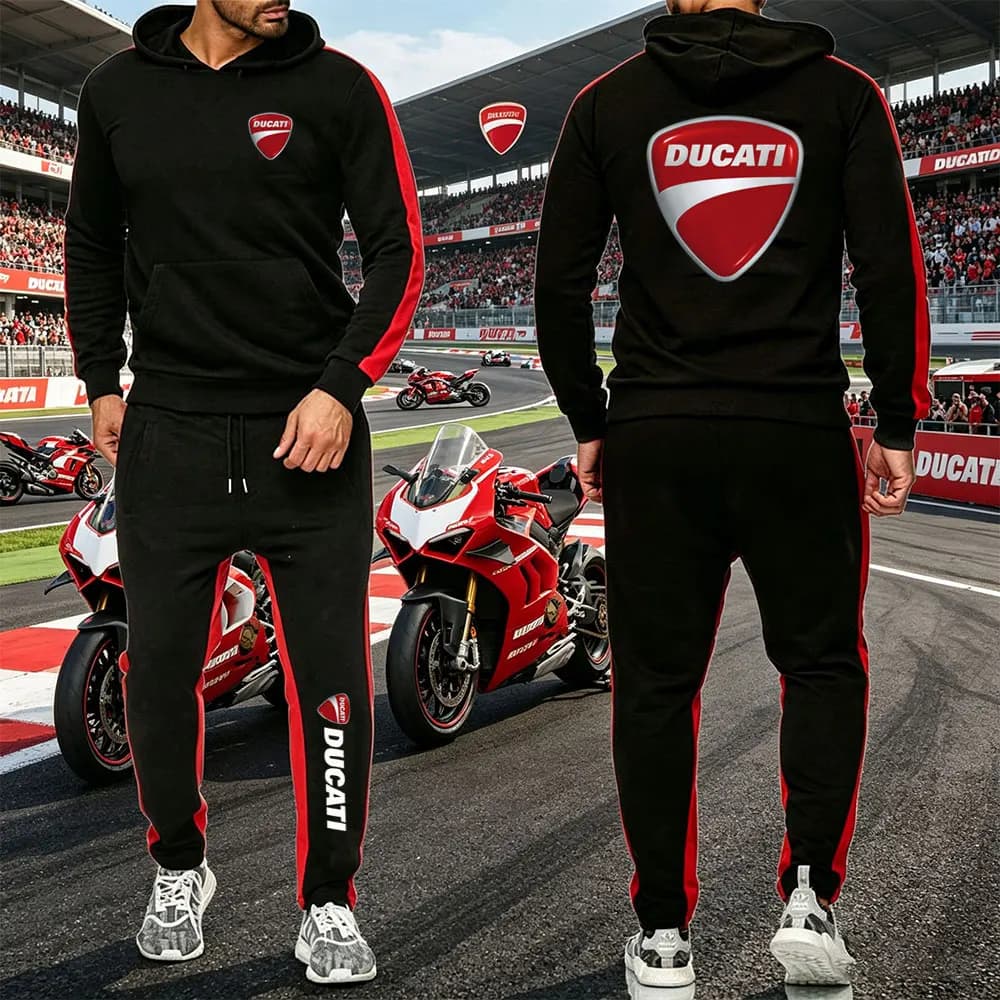 Tuta da uomo 2026 Ducati con stampa motore, felpa con cappuccio e pantaloni, set 2 pezzi per corsa e fitness, abbigliamento uomo