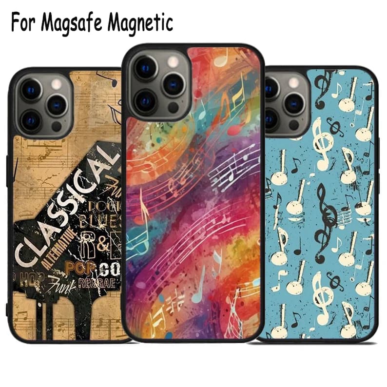 Custodia per telefono con ricarica wireless e motivo nota musicale per iPhone 17 Air 15 16 16e 14 13 11 12 Pro Max Plus, cover magnetica Magsafe