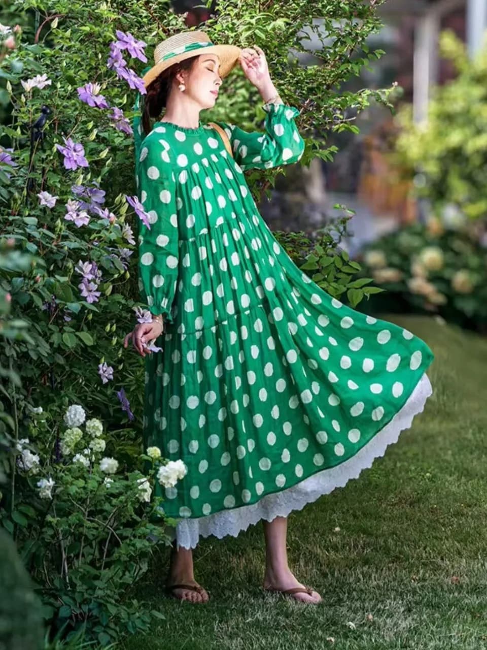 Abito Lungo a Trapezio con Stampa Artistica a Pois Verdi, Nuovo Vestito Estivo da Donna in Lino, Traspirante e Comodo per il Pendolarismo Urbano
