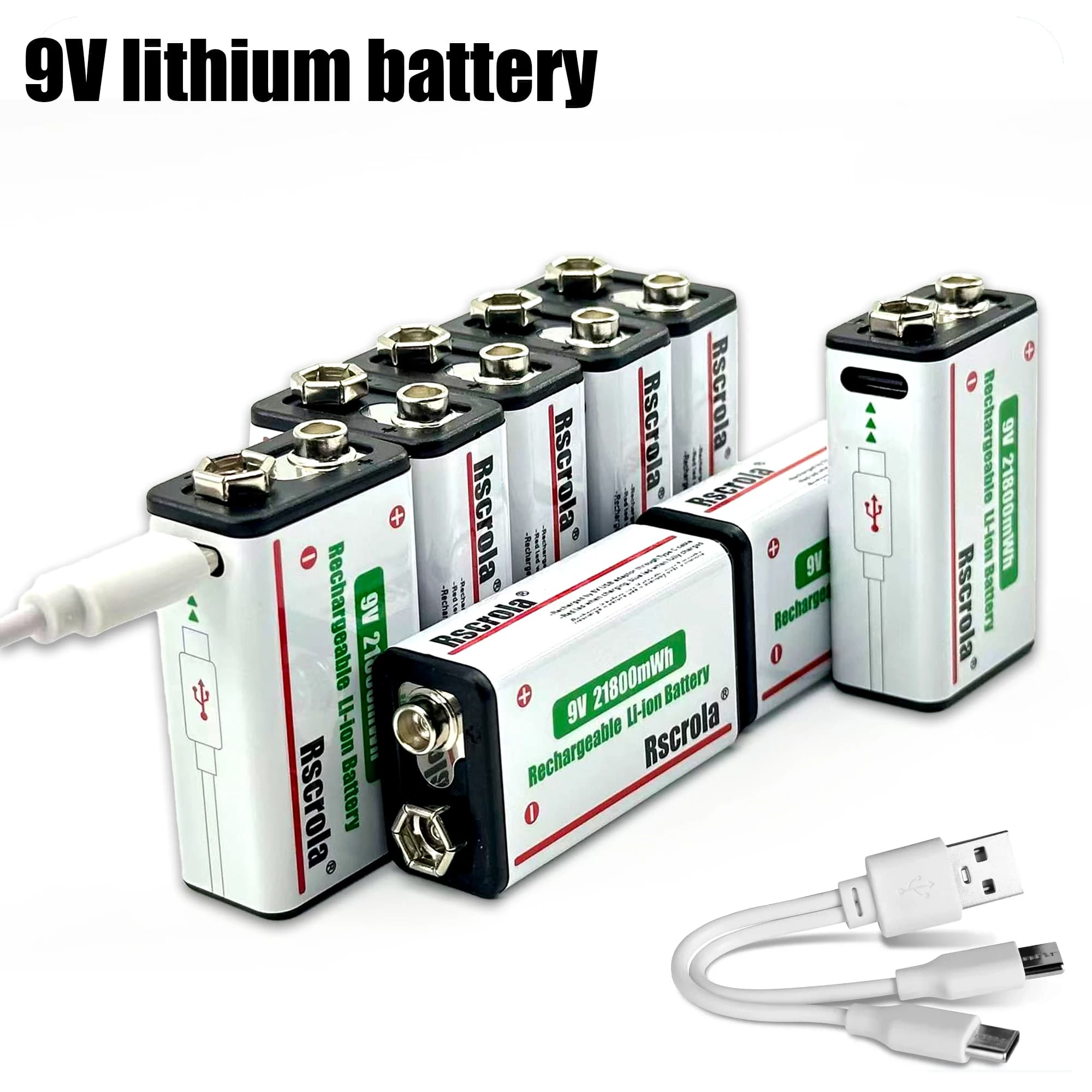 Long-Lasting 9V Lithium ion Rechargeable Battery 21800mWh High Capacity for Guitar Microphone Smoke Detector Pedal with Cable