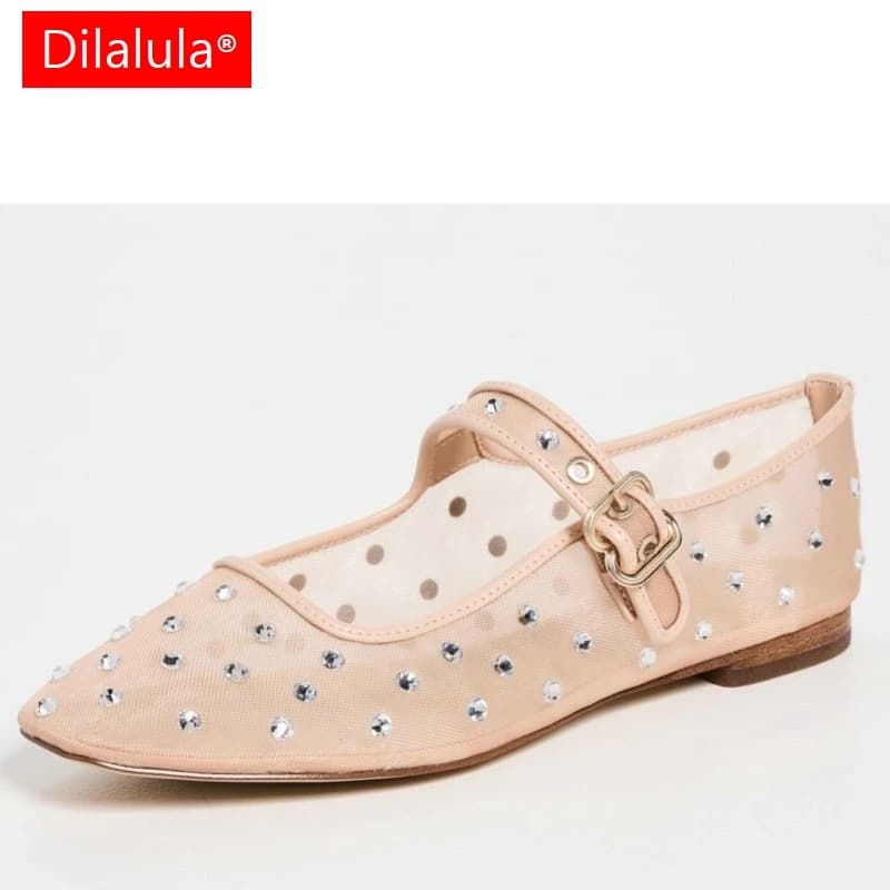 Dilalula 2025 Vendita Calda Giovani Donne Mary Janes Appartamenti Donne Maglia di Cristallo Balletto Scarpe Basse di Modo di Estate Delle Signore Sandali Da Ballo