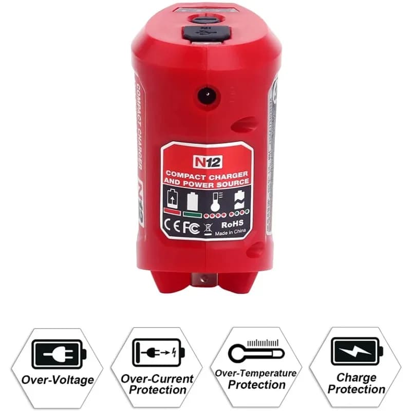 Adattatore di Alimentazione N12 per Batterie Milwaukee 12V, Caricabatterie per M12 con Porta DC 12V e Porta USB 2.0