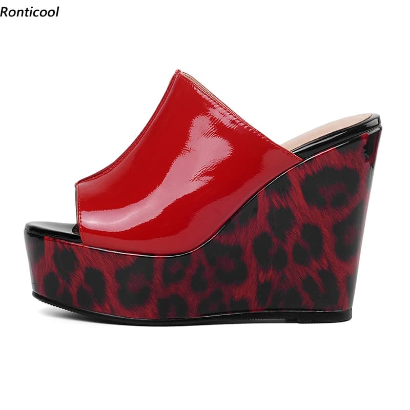Ronticool New Customize Handmade Women Glossy Mules Sandals Sexy Wedges High Heels Open Toe 5 Colors Party Slippers US Size 5-20