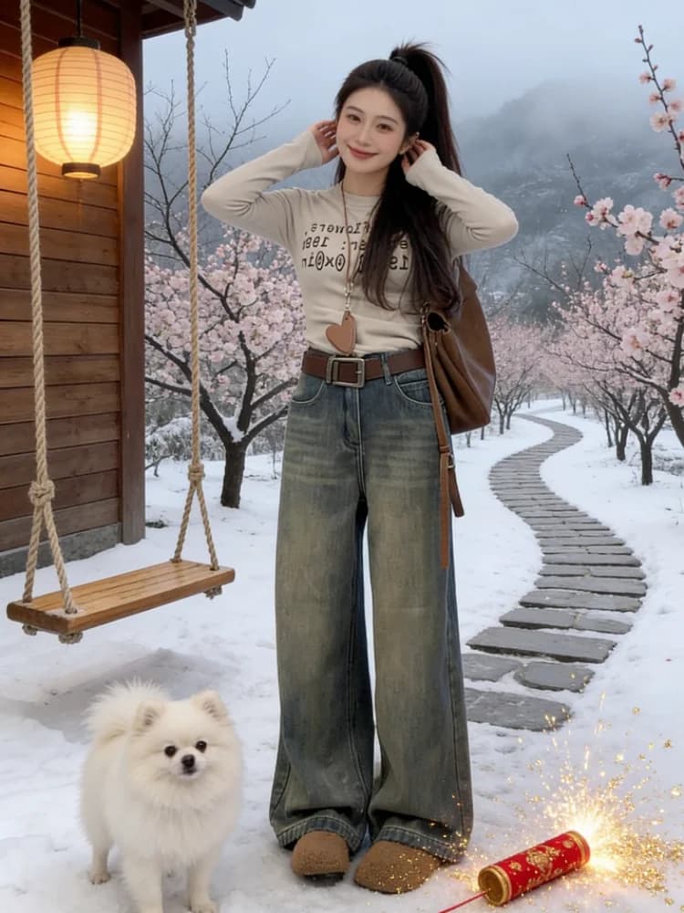 Retro Patchwork Design Wide Leg Denim Jeans Women's Fashionable Ageless Personality Long Trousers Cleanfit High Waist Casual