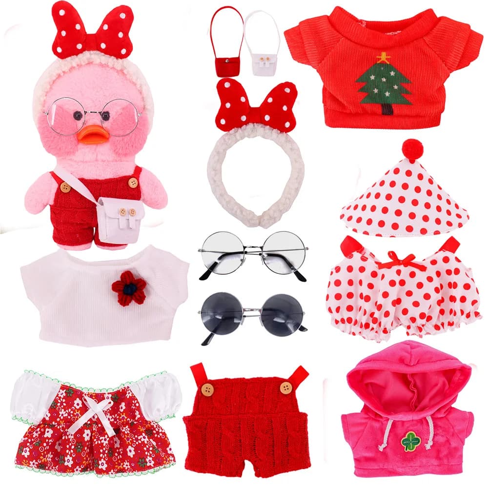 30 cm Lalafanfan Anatra gialla Peluche Vestiti per animali Serie rossa Kawaii Carino Felpa con cappuccio Borsa per occhiali Copricapo Regali per bambini