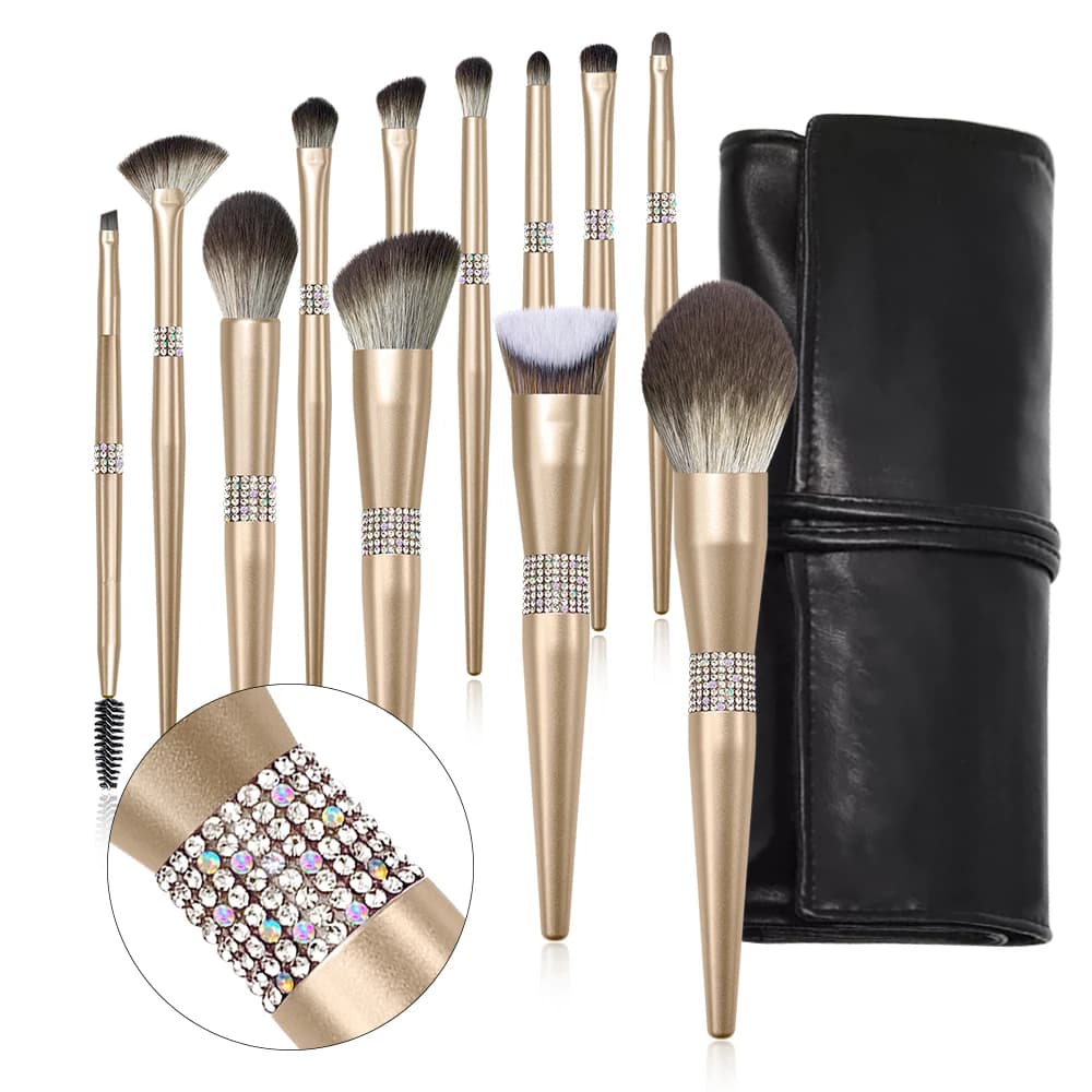 12 pennelli per trucco Champaign Gold Set Power Foundation Contorno Ombretto Pennelli per trucco labbra Strumento cosmetico professionale di bellezza