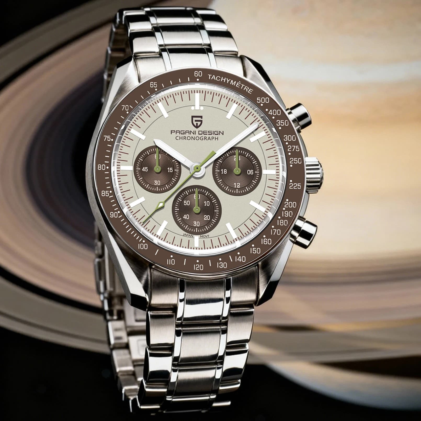 Watch from Polso PAGANI DESIGN Saturn Light Tan Luxury Men's Quartz, Sport Chronograph with Glass Sapphire AR, News 2026