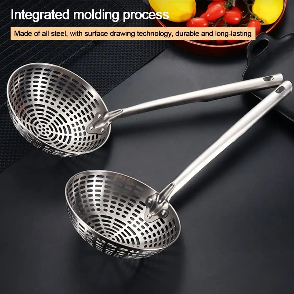 Colino in acciaio inox manico lungo olio per friggere cucina cibo fritto rete setaccio strumento cucchiaio cucchiaio che perde strumento di cottura per la casa