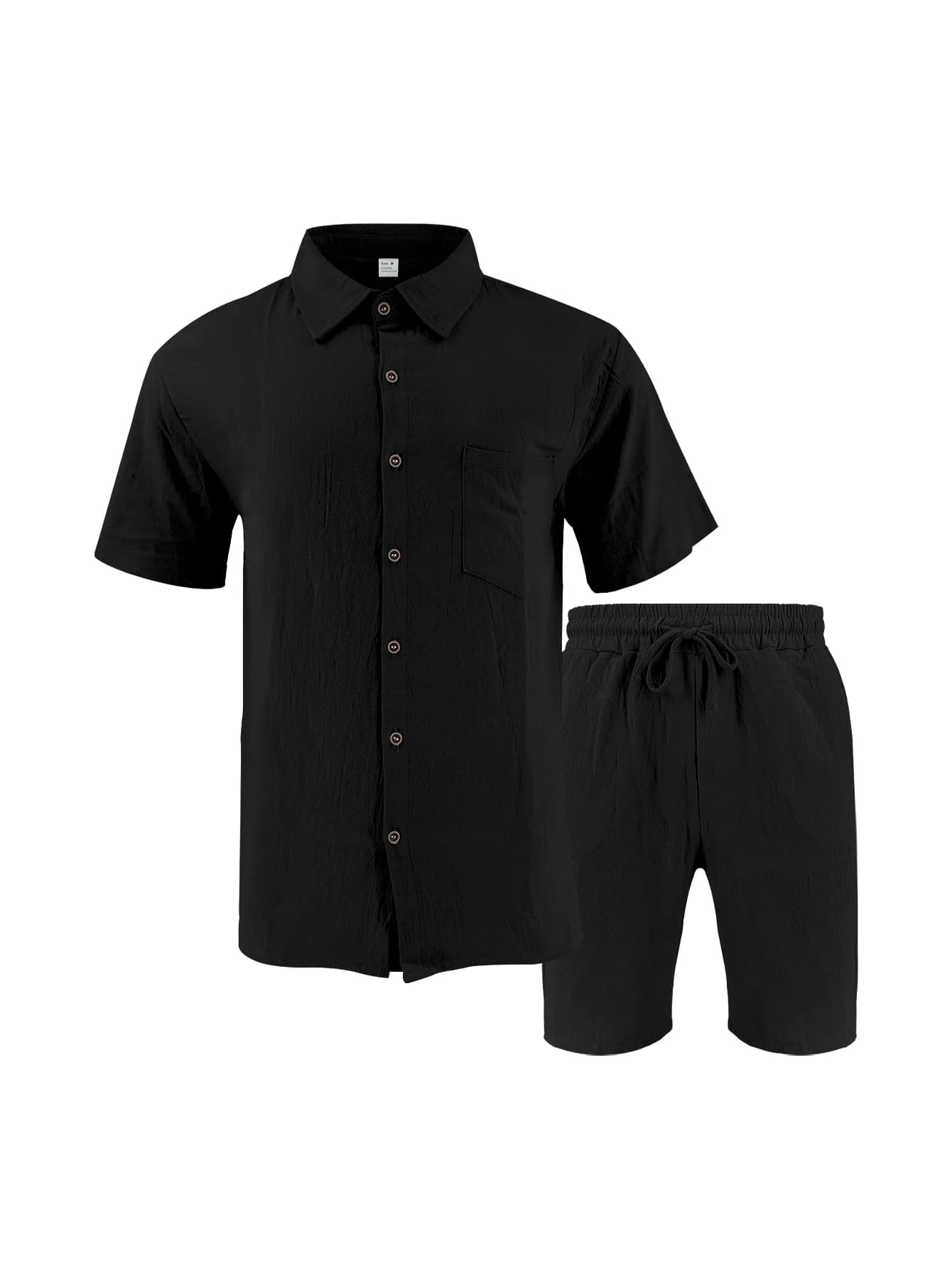 Men Linen Textured Two-Piece Set, Collared Short Sleeve Shirt & Drawstring Casual Shorts, Breathable Summer Vacation Outfit