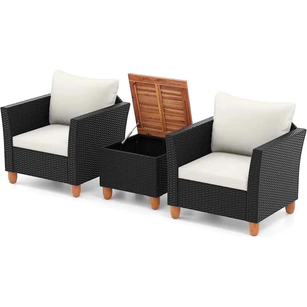 3 Pieces Patio Porch urniture Set, PE Rattan Wicker Chair Contion Set with Cushions and Storage Table, Outdoor Acacia Wood Bistr