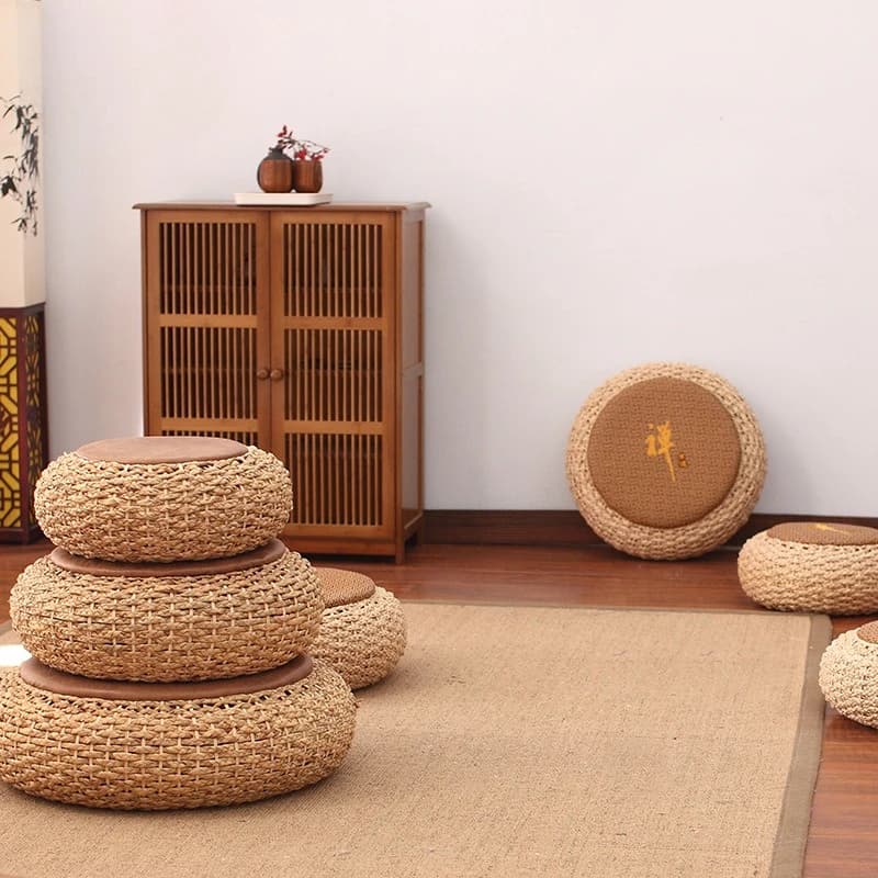 Japanese Woven Cushion Thick Tatami Meditation Seat Natural Rattan Ottoman for Balcony Zen Floor Sitting Pillow for Living Room