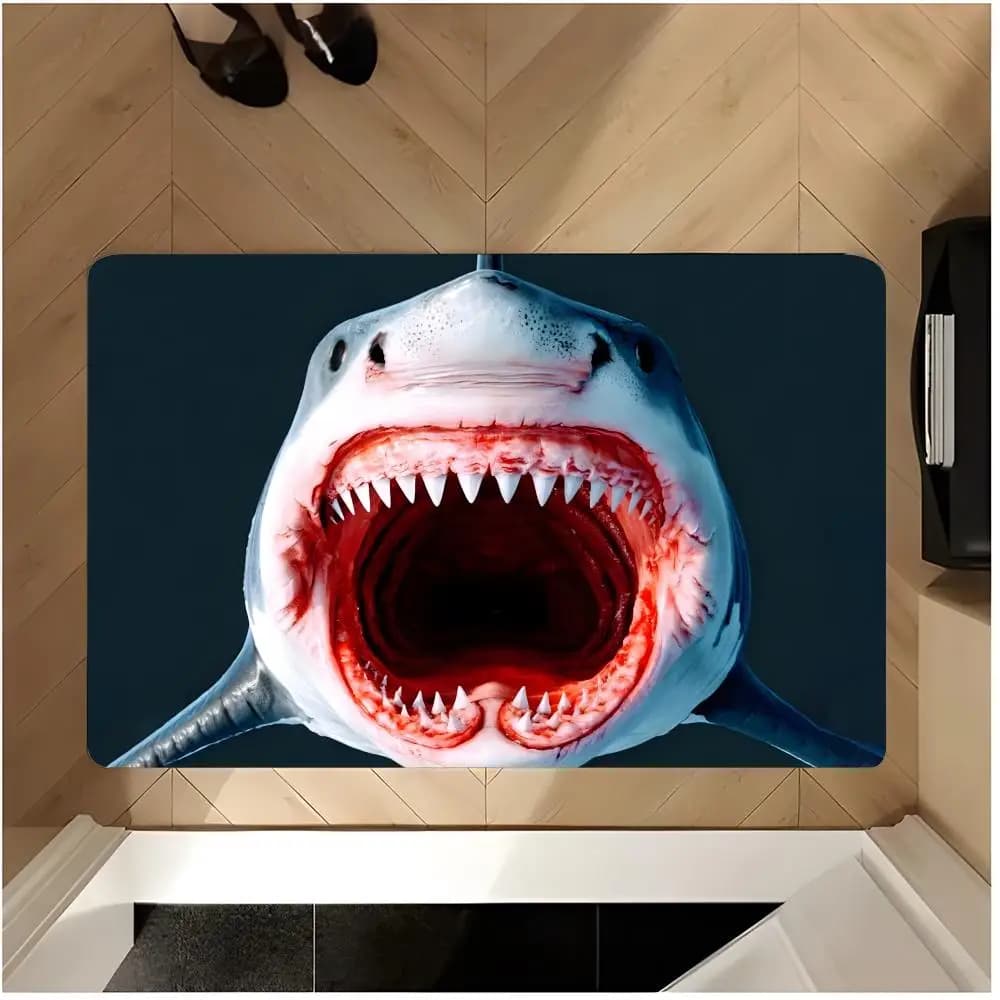Floor Mat Non Slip Washable Flannel Doormat Water Absorbent Indoor Floor Carpet Rug Art Visual D-3D Shark
