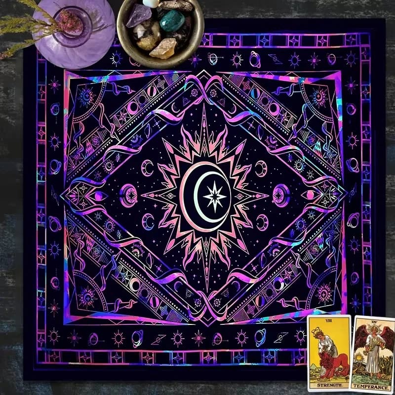 Tappetino per divinazione celeste olografica in tessuto per tarocchi con tovaglia da altare con motivo sole-luna e stella per carte dei tarocchi Rituale oracolo