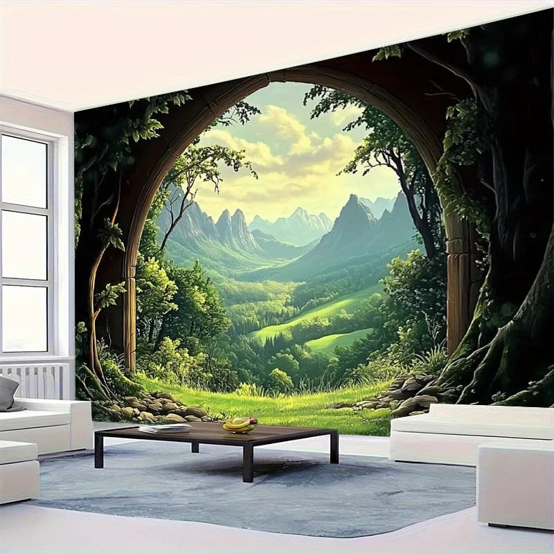 Archway Forest Tapestry Wall Hanging, Scenic Mountain Valley Landscape Print, Nature Wall Art Decor for Living Room Bedroom