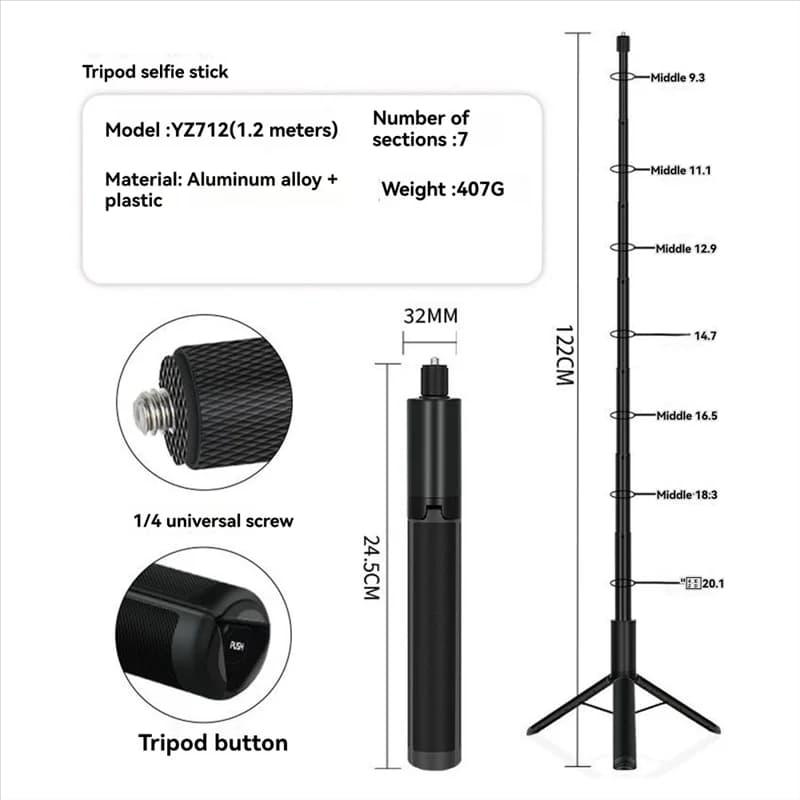 Bastone selfie invisibile retrattile FULL-1.2M con treppiede per monopiede allungabile Insta360 X4 / X3 con treppiede per Insta360 X4 / X