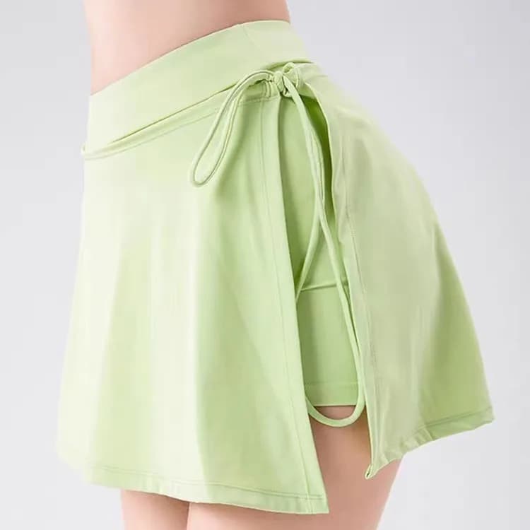 Fake Two Pieces Women Solid Color Side Slit Drawstring Anti-empied Skirt Outdoor Sports Fitness Gym Breathable Tennis Skirt