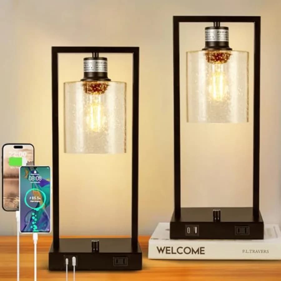 Lampada da Scrivania 16 Pollici per Casa e Ufficio, Lampada da Comodino con Porte USB C+A e Presa, Lampada da Tavolo Industriale Nera Completamente Dimmerabile