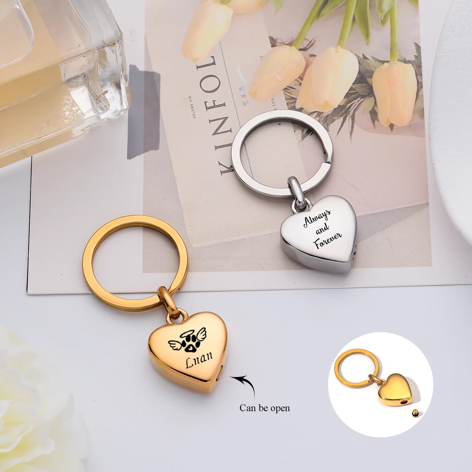 Personalizza Portachiavi con ciondolo urna a forma di cuore in acciaio inossidabile personalizzato con testo inciso al laser, cremazione commemorativa, portachiavi con souvenir