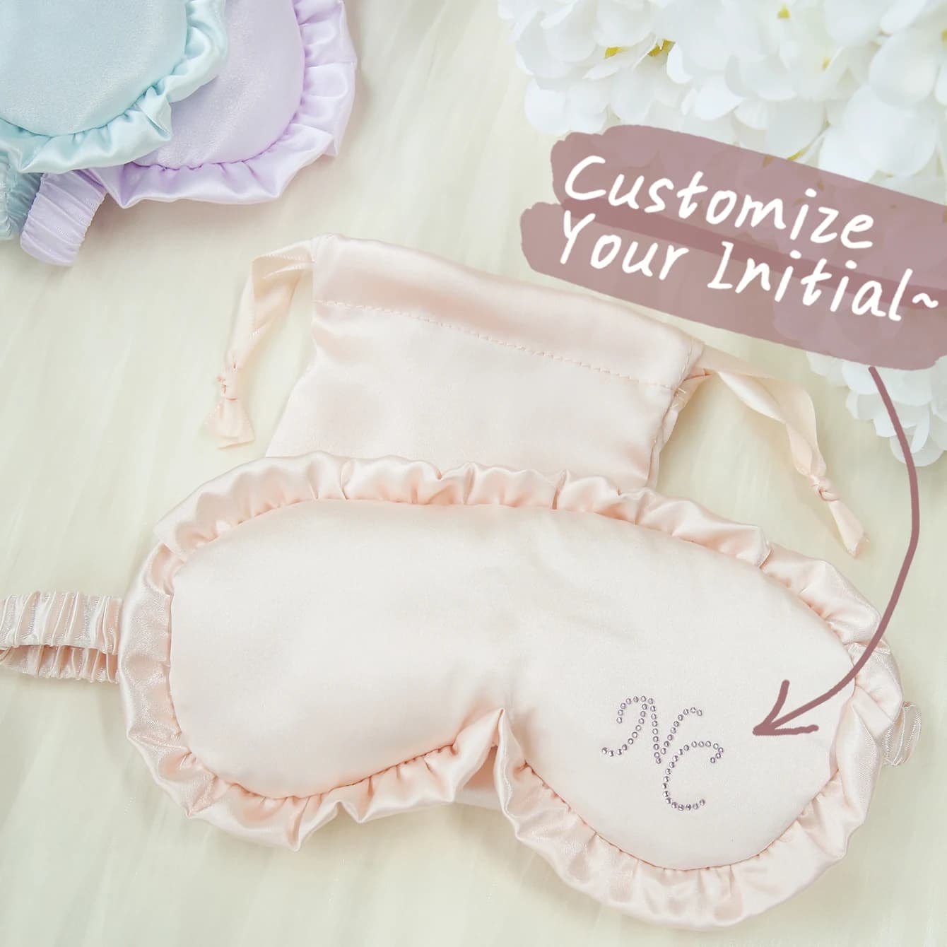 Maschera per gli occhi con volant con nome personalizzato da 2 pezzi con custodia Maschera per il sonno con monogramma personalizzato Maschera per gli occhi in raso morbido setoso personalizzata