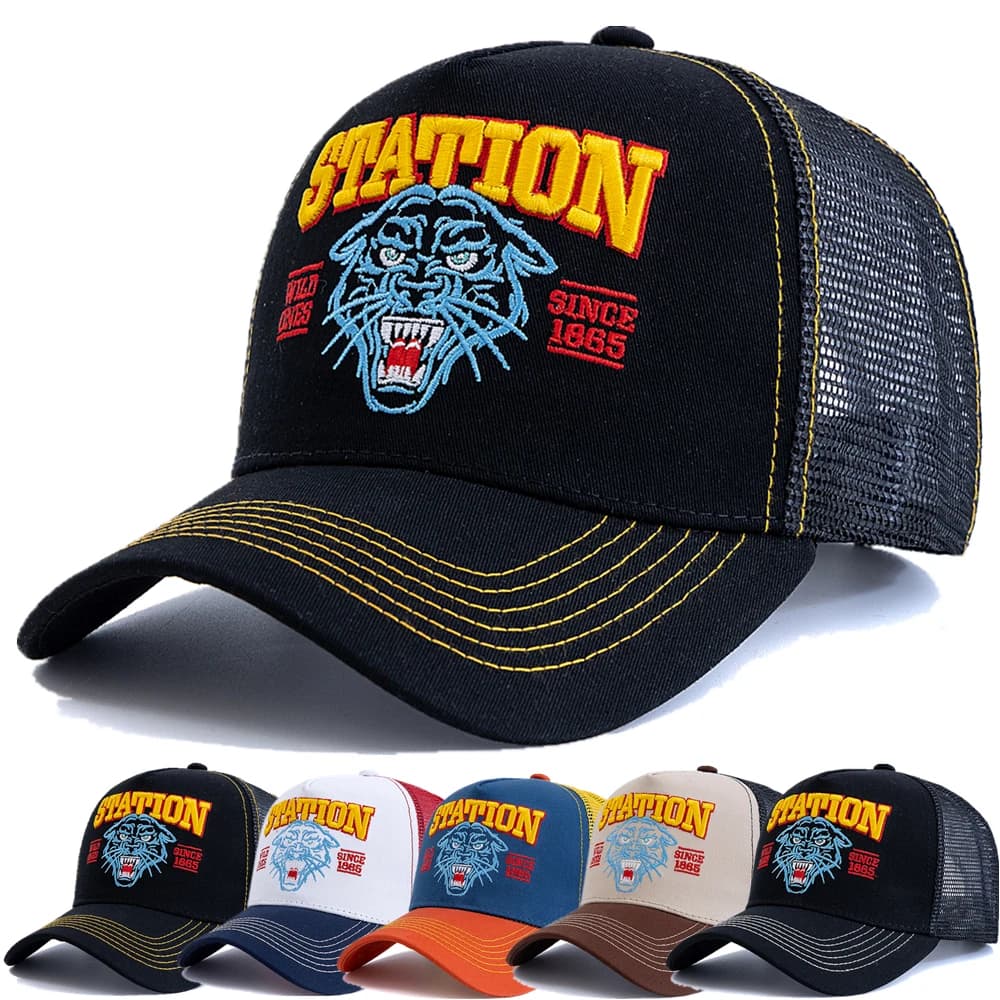 Vendita calda Testa di tigre Modello ricamato Berretto da pesca in rete traspirante Nuovo stile Cappello da camionista all'aperto Snapback per uomo e donna