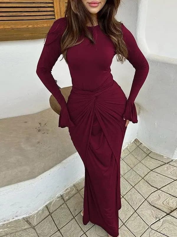 Waist Tied round Neck Long Dress Women's mid Waist Gown with Pleated Skirt Long Sleeve Thick Material for Winter Season
