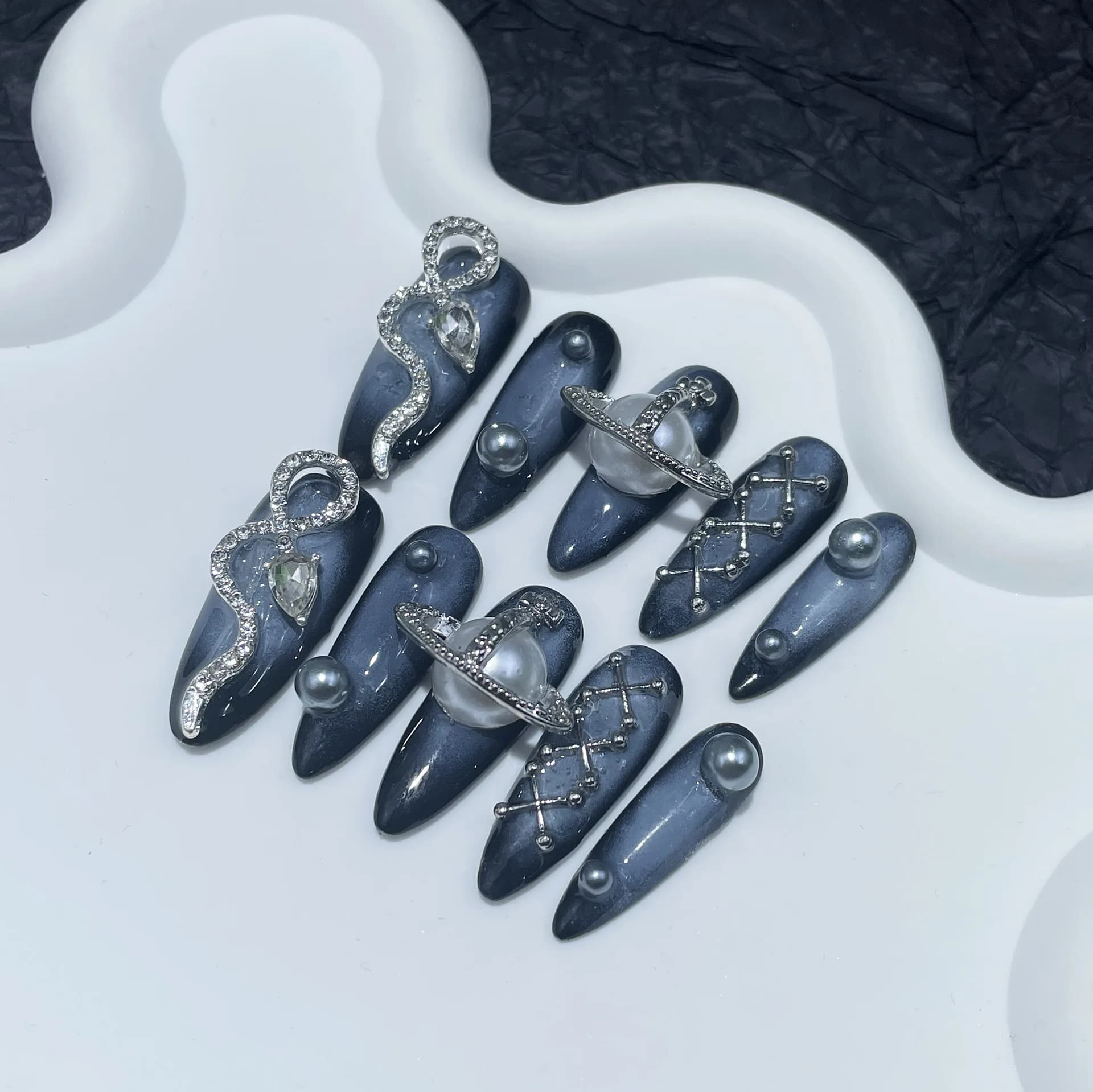 Mysterious Cosmic Print on Nails Dark Blue with Design Planet Diamond Snake For Events With Decoration Planet Snake 3D