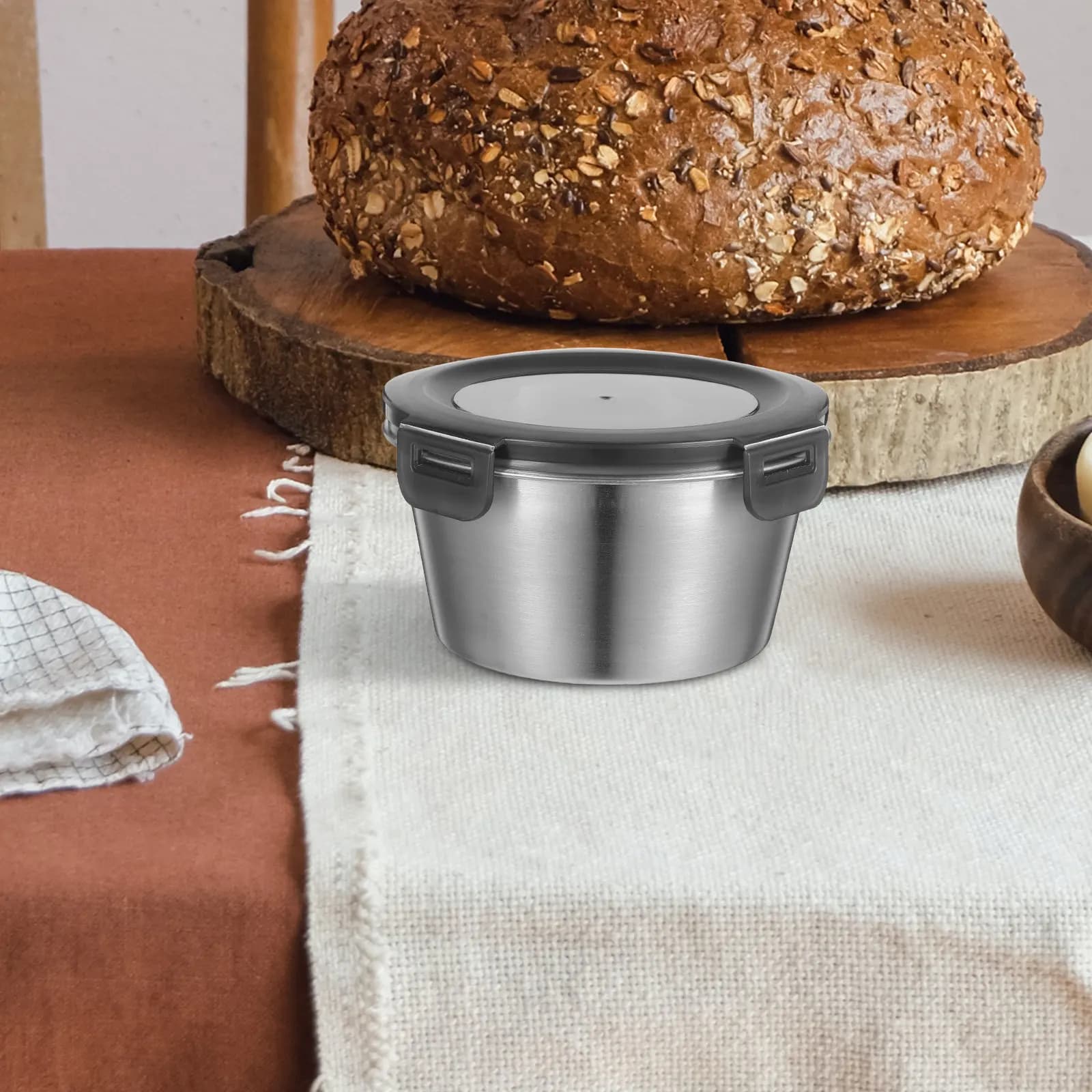 Contenitore Ermetico in Acciaio Inox da 600Ml, Scatola Rotonda per Conservazione Alimenti con Coperchio Sigillato, Organizer per Frigorifero e Congelatore