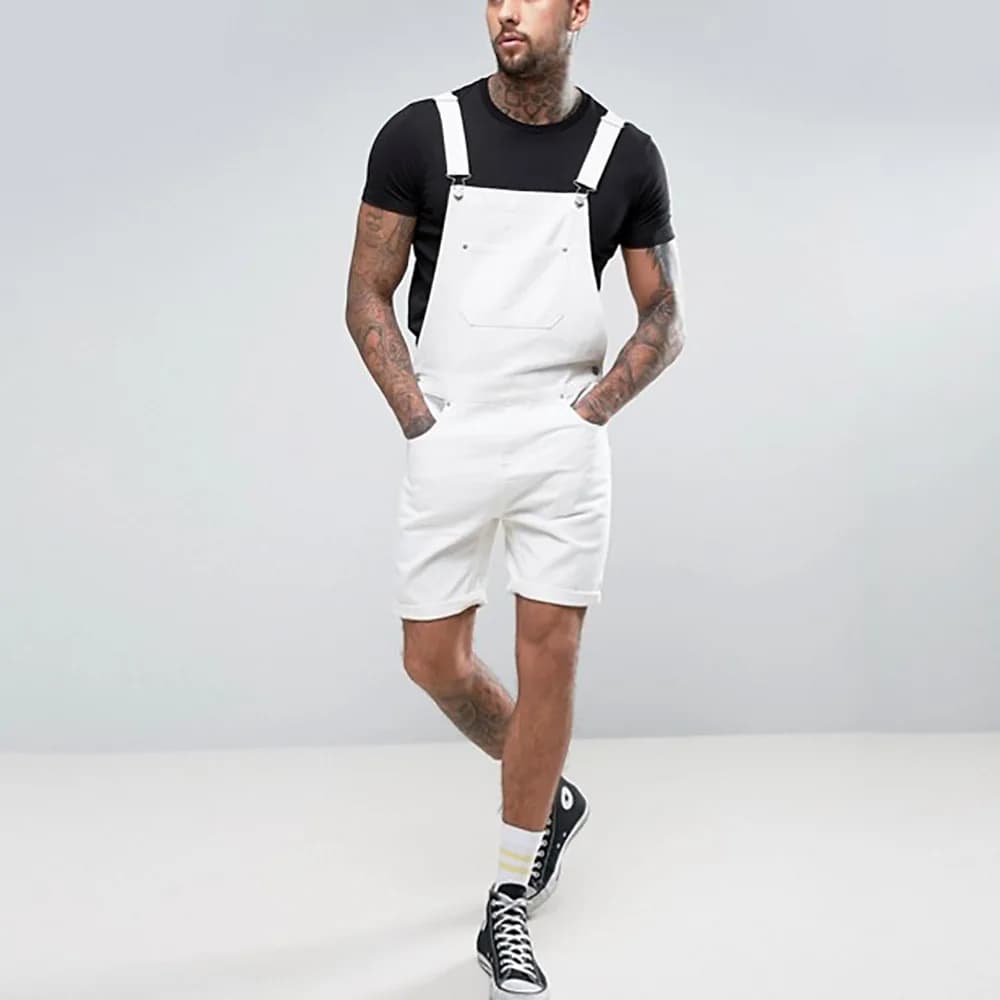 Jeans da uomo vintage pagliaccetti di jeans pantaloncini bianchi tuta intera bretelle streetwear tuta da uomo