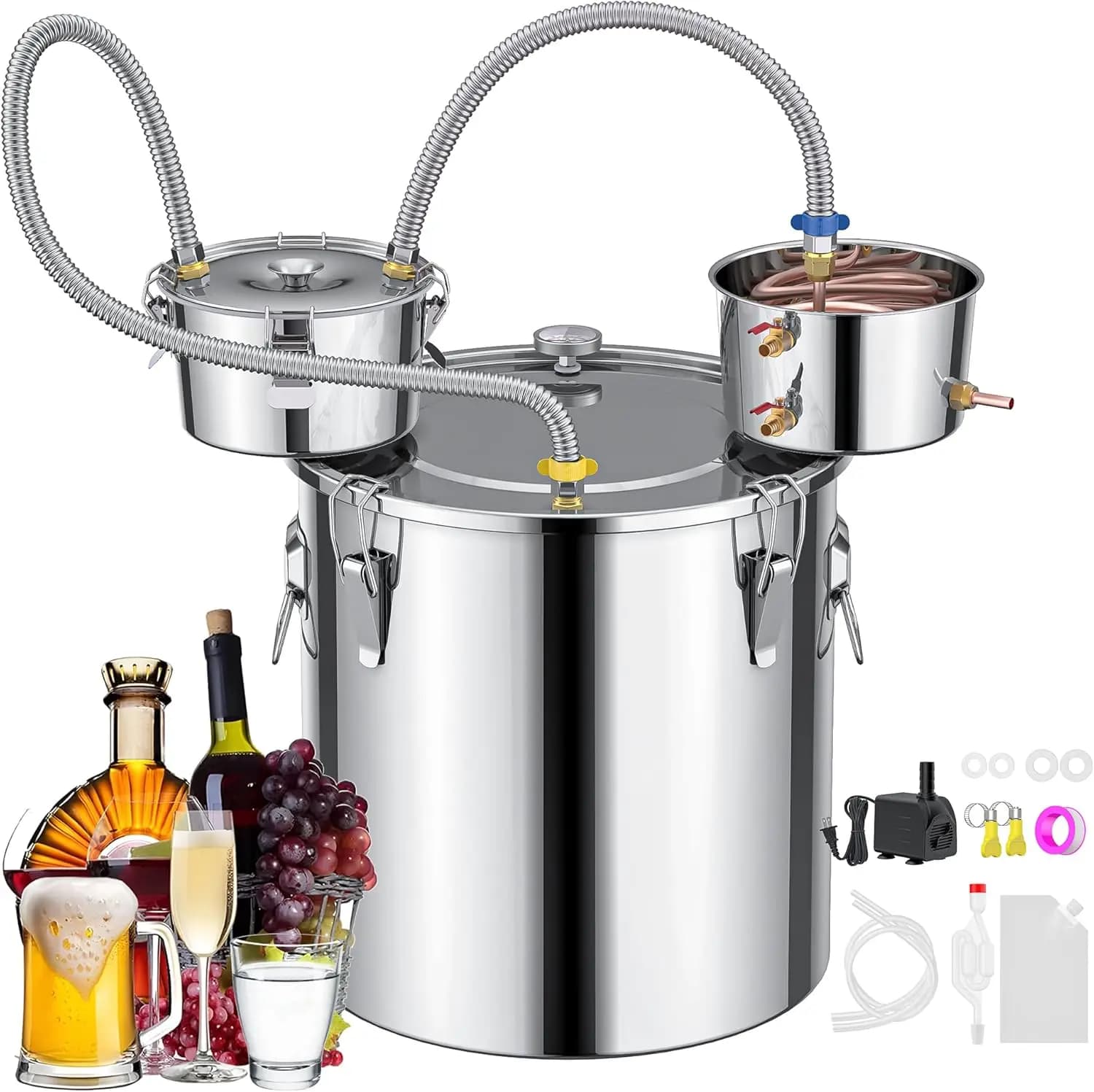 CAMMOO Kit Distillatore Moonshine a 3 Serbatoi da 13.2Gal/50L Completo di Thumper e Condensatore, Termometro, Pompa Sommergibile, Acciaio Inossidabile