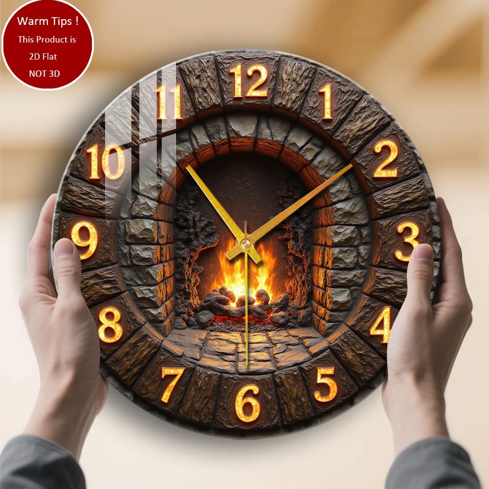 Tempered glass wall clock Stone fireplace clock with flame suitable for wall decorations or table display anywhere