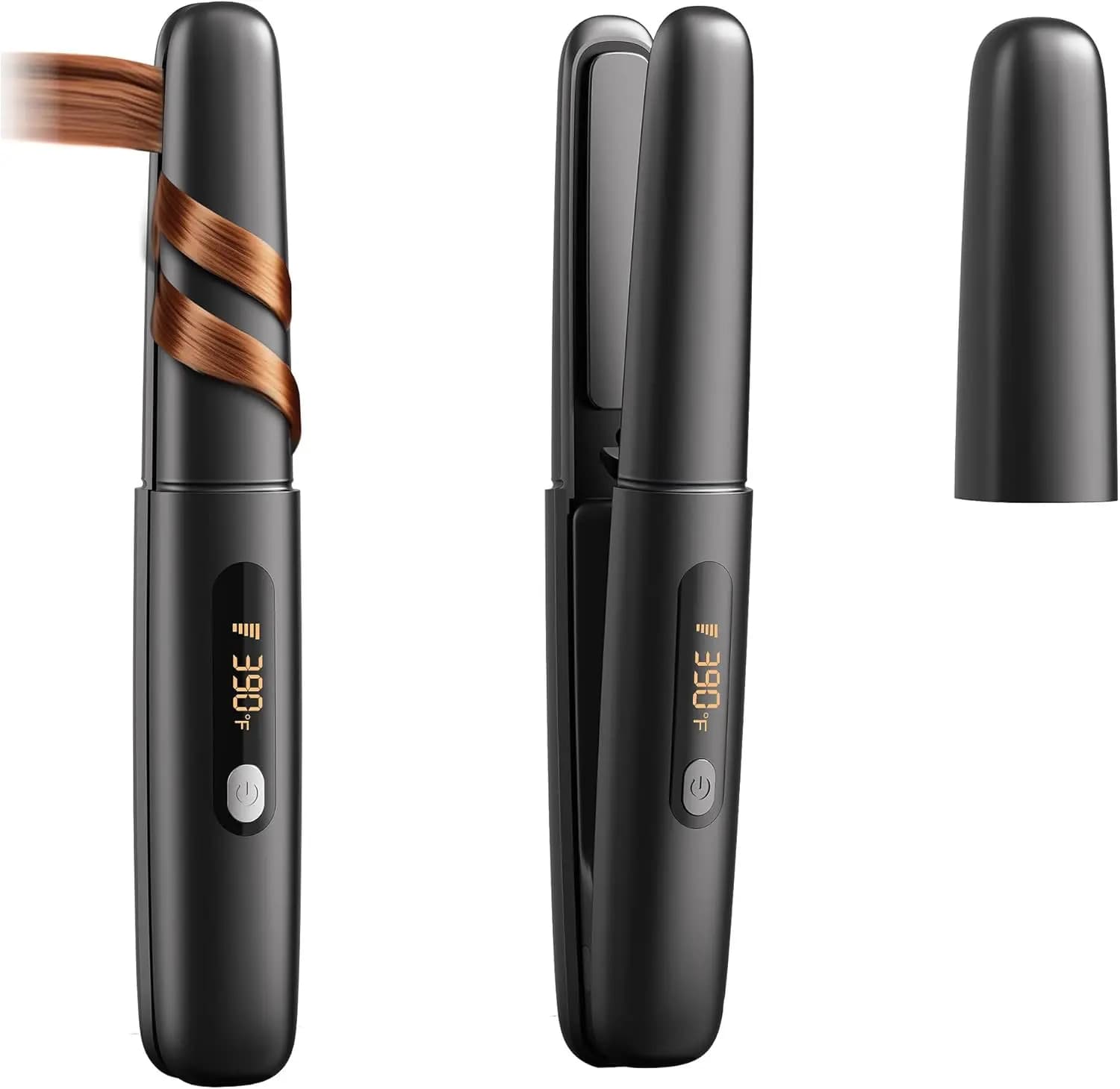 Piastra per Capelli 2-in-1 Senza Fili, Mini Ferro Piatto, Riscaldamento Rapido 30s, 4500mAh, 4 Temperature, Ricaricabile USB, Nero