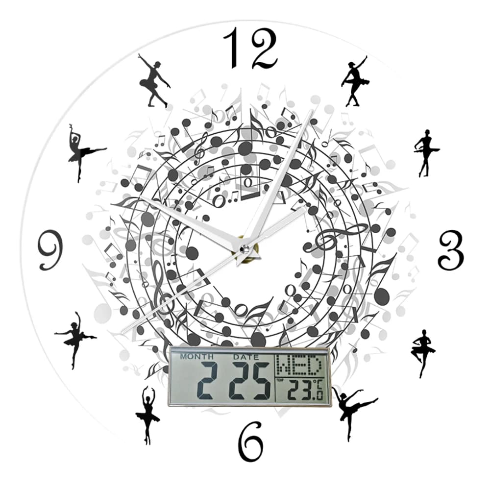 Orologio da Parete con Note Musicali e Ballerine Danzanti, Display LCD, Calendario Perpetuo, Temperatura, Decorazione per la Casa, Orologio al Quarzo Silenzioso
