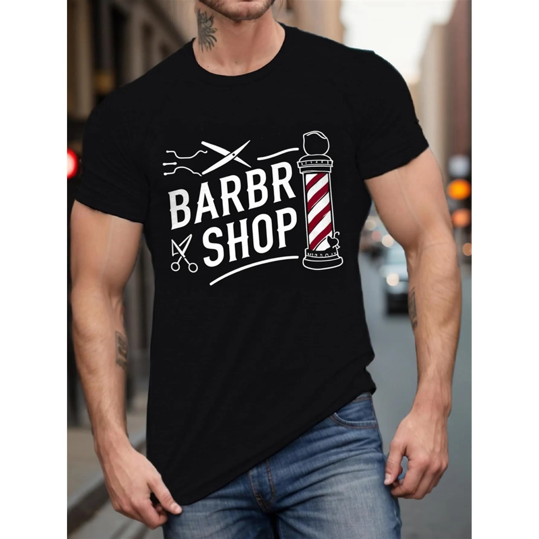 T-Shirt Grafica per Barbiere con Stampa Forbici e Palo da Barbiere, Maglietta Casual in Cotone a Maniche Corte per Barbieri