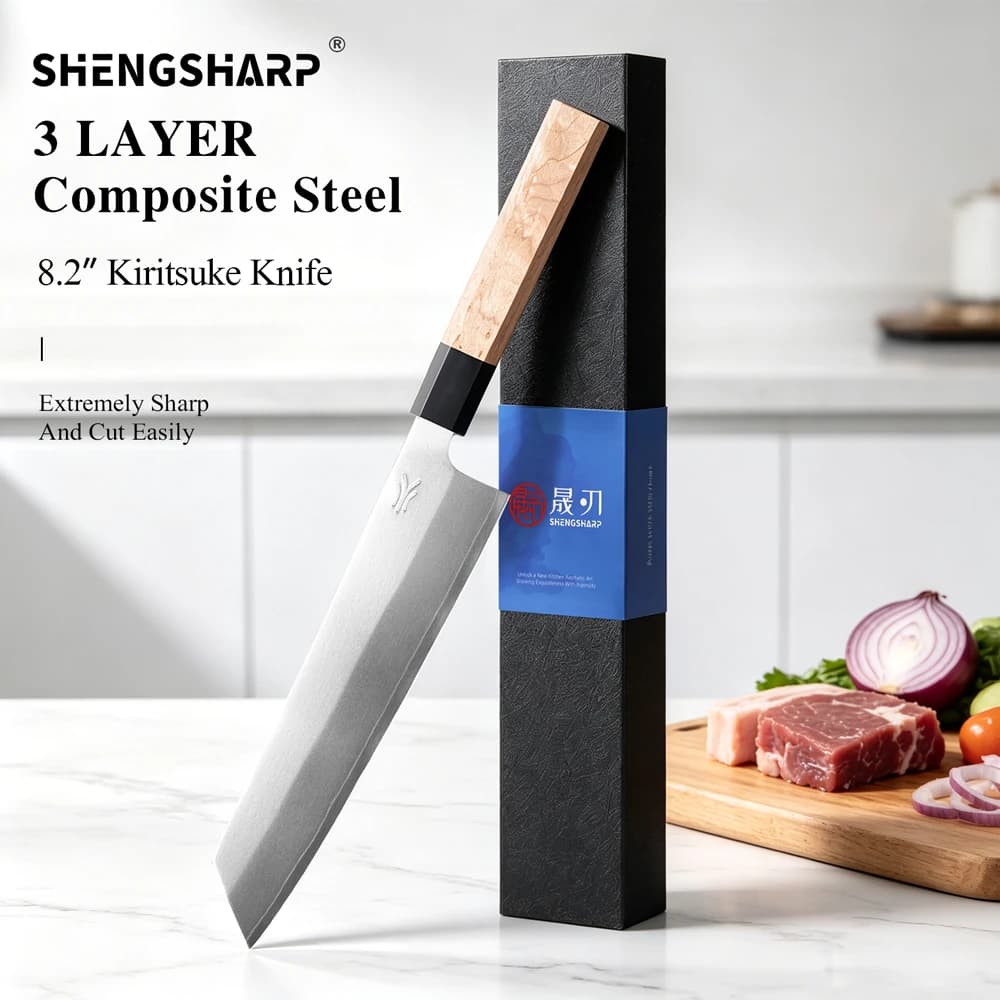 SHENGSHARP 8.2"Inch Japanese Kiritsuke Chef Knife 3-layer Composite Stainless Steel Handmade Cooking Professional Kitchen Knife