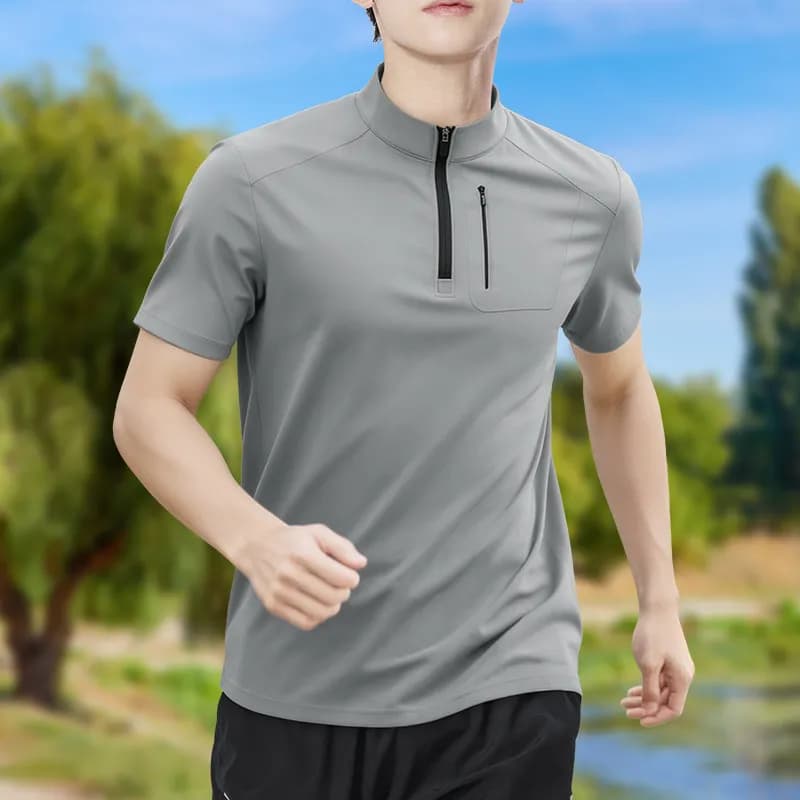 T-shirt da uomo a mezza zip, elasticizzata, ad asciugatura rapida, a maniche corte, traspirante, per sport all'aperto, corsa, allenamento, con colletto rialzato, casual