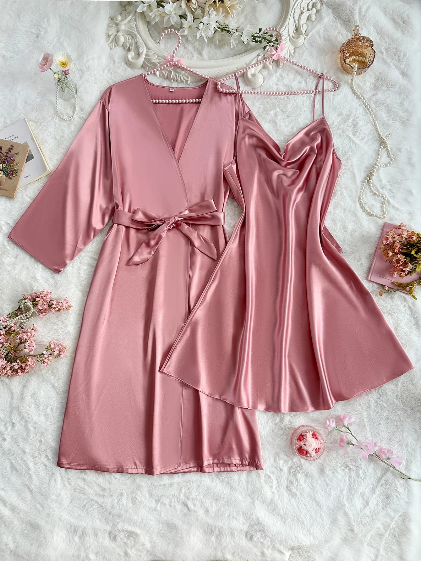 Set da 2 pezzi Abito da notte con camicia da notte sexy alla moda in tinta unita taglie forti per donna