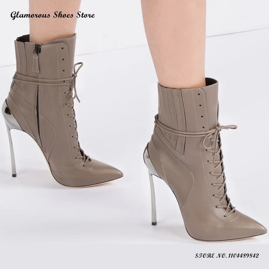 Stivaletti Eleganti da Donna con Lacci e Tacco Sottile in Metallo, Scarpe da Festa con Punta Affusolata, Stile Street Fashion, Stivaletti con Cerniera a Tinta Unita