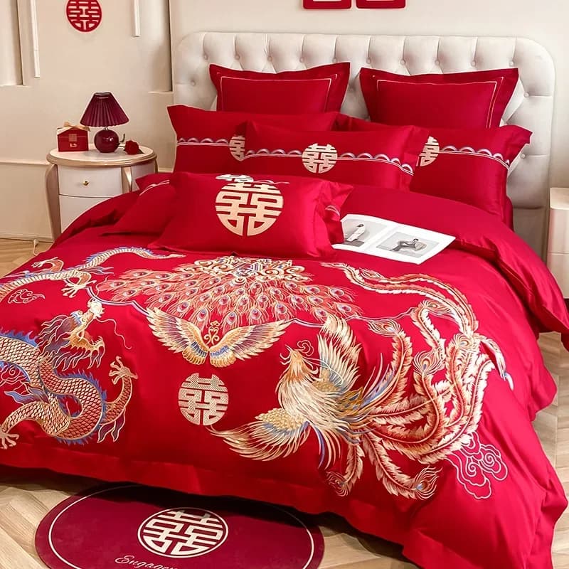 Chinese Wedding 4pcs Red Embroidered Newlywed Wedding Dragon and Phoenix Quilt Embroidered Bed Sheets Quilt Cover Bedding Set