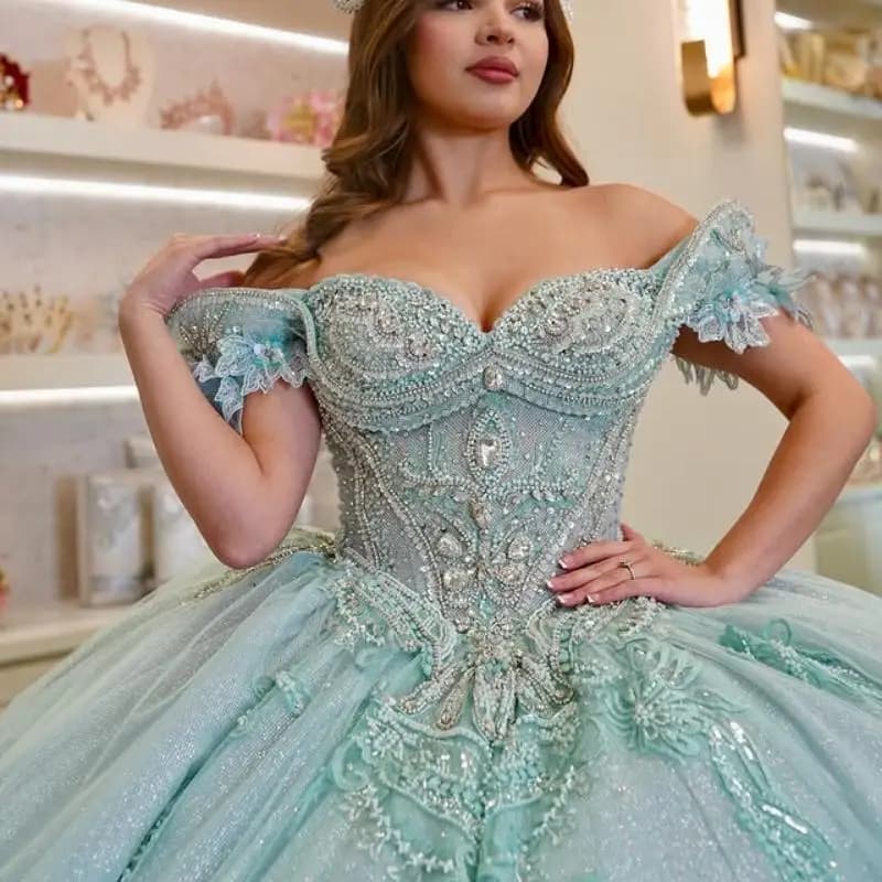 Abito Quinceanera personalizzato verde menta con spalle scoperte applique con paillettes Tull fiore 3D abiti da 15 Quinceanera