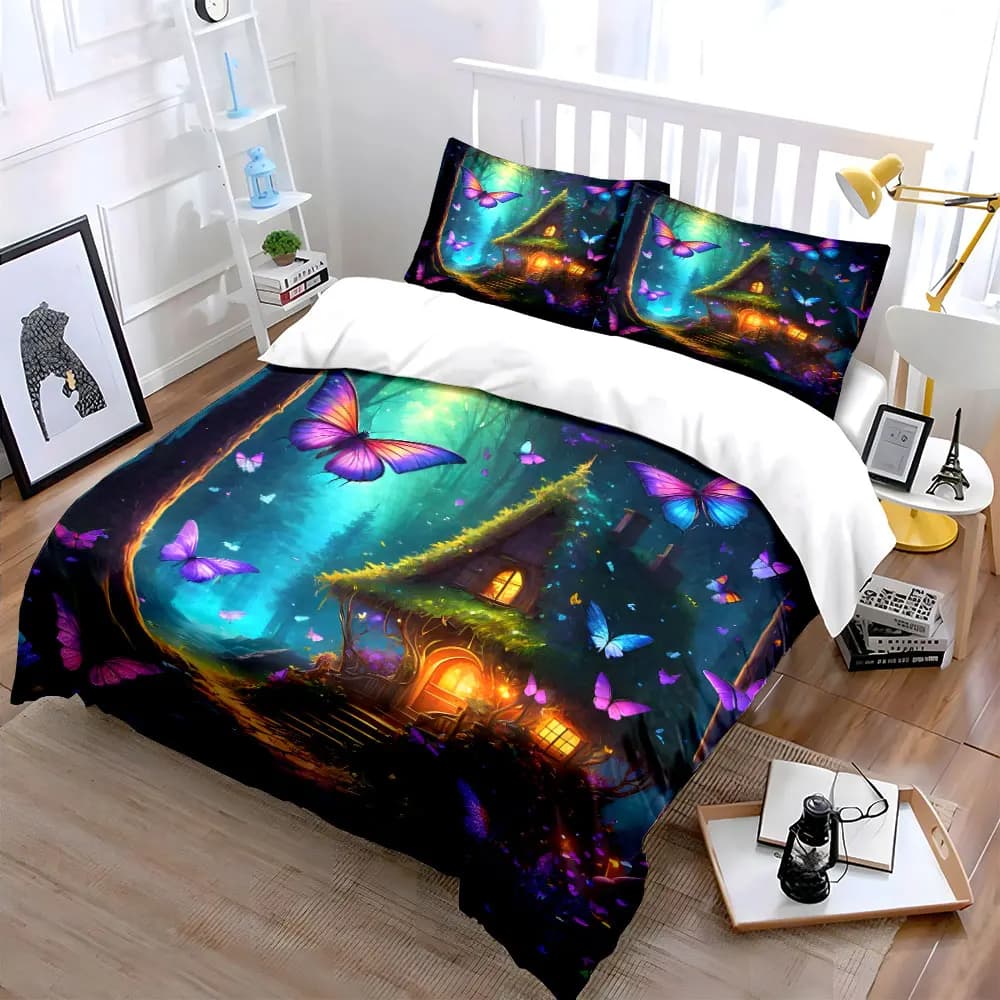 Set decorativo Magical Butterfly Forest, set di biancheria da letto morbido e delicato sulla pelle, include 1 copripiumino e 2 federe, regalo