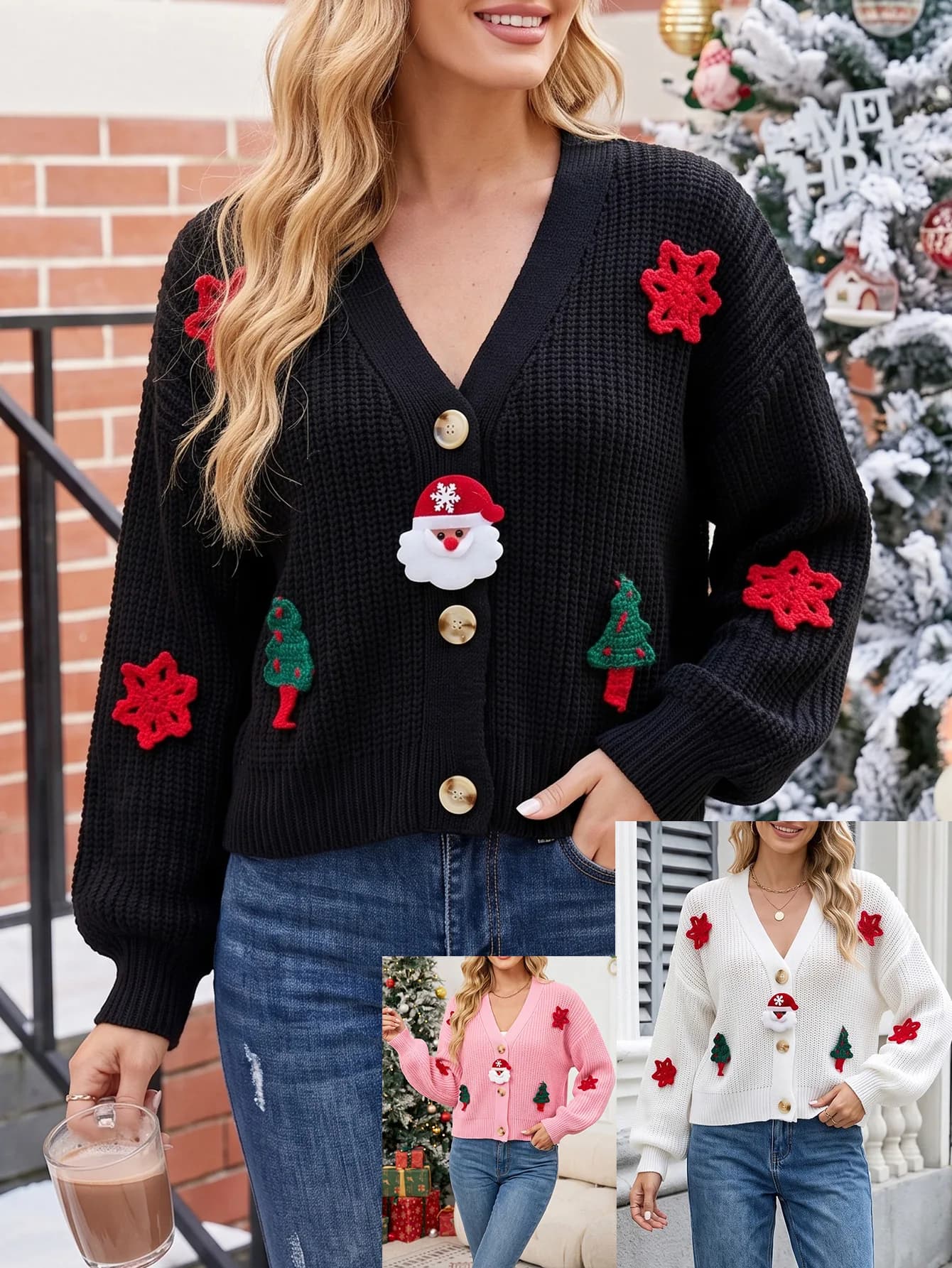 SKMY Christmas Sweaters Three-Dimensional Hand Hook Accessories Women's Autumn And Winter Short Coats Loose Knitted Cardigans